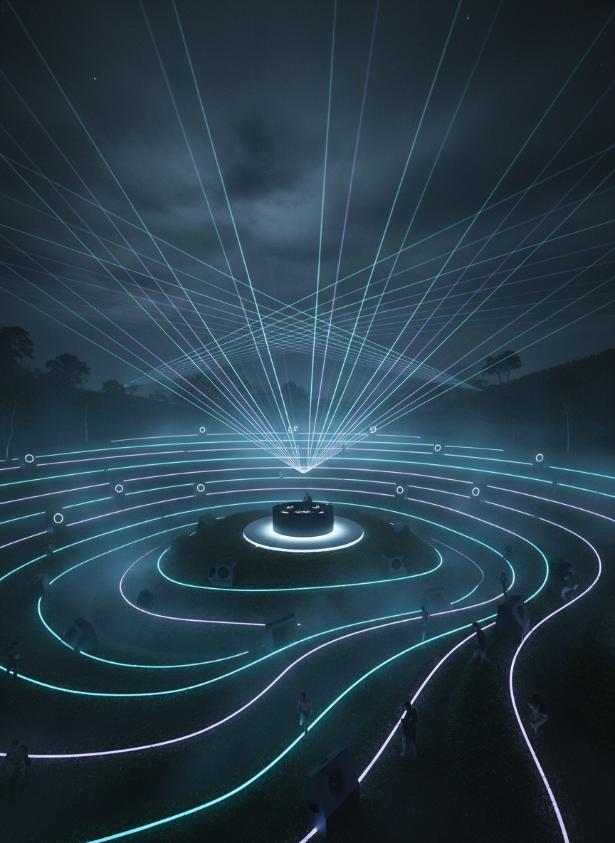 An atmospheric night-time landscape of a terraced tea hillside in Sri Lanka, reimagined as a conceptual future techno venue. Discreet, low-profile speakers and narrow LED strips are integrated along the terrace edges, emitting soft cyan and violet lines that contour the natural curves of the land. A small, elevated platform with a matte black console sits at the center, subtly illuminated from below. Overhead, a grid of ultra-thin light beams projects into the misty air, forming a delicate geometric canopy. The scene is shot from a mid-distance, slightly elevated cinematic angle, with cool, diffused lighting and gentle fog creating a serene yet otherworldly atmosphere that merges nature with cutting-edge electronic culture.