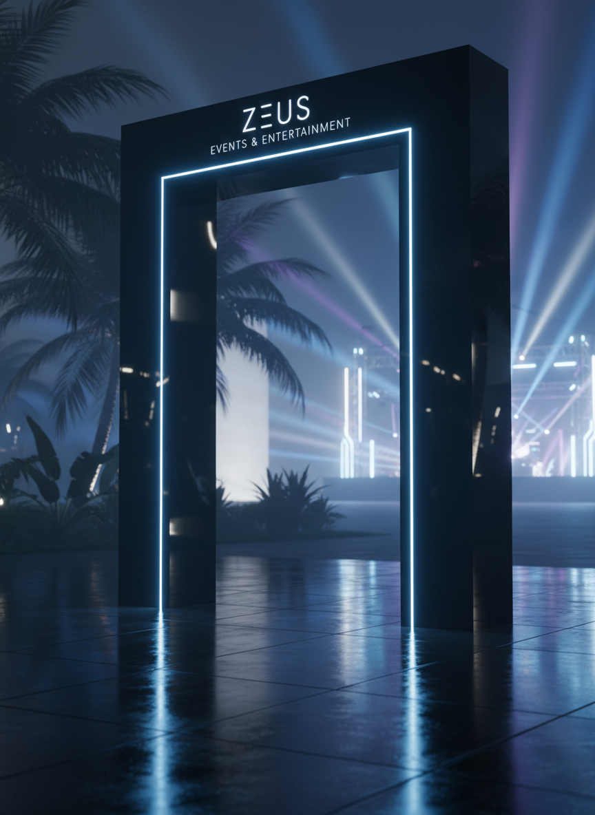 A refined, cinematic detail shot of a minimalist event entrance portal for Zeus Events & Entertainment, constructed from glossy black monolithic panels forming a tall rectangular frame. Thin, continuous LED lines in electric blue trace the inner edges, creating a luminous doorway effect that opens into a softly lit tropical night. The ground is a slightly wet, polished stone, reflecting the glow with mirror-like precision. In the distance, abstract silhouettes of stage trusses and light beams hint at an upcoming electronic music experience. Side-lit with cool, controlled lighting, the mood is sophisticated, futuristic, and cinematic, captured at eye level with a strong sense of depth and mystery.