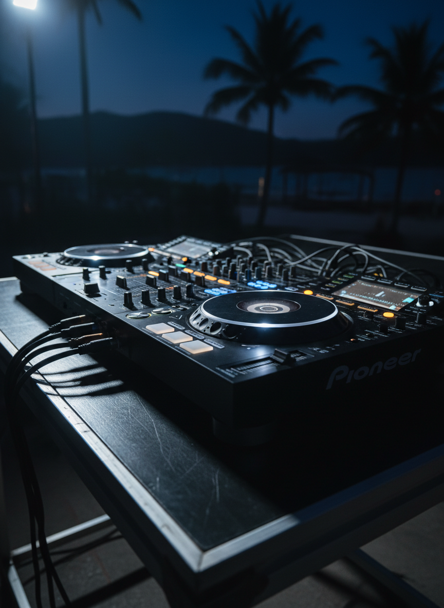 A close-up, cinematic view of a high-end DJ controller and mixer arranged on a dark brushed-metal table, cables meticulously routed. Tiny amber and icy-blue LEDs glow against the matte black surfaces, with glossy jog wheels catching highlights. The background reveals an out-of-focus suggestion of a tropical open-air venue: faint palm silhouettes and distant hill contours under a deep indigo night. Cool, directional accent lighting from the side creates sharp reflections and dramatic shadows across the knobs and faders. Shot at a shallow depth of field from a low, angled perspective, the mood feels intimate, precise, and technologically refined, embodying the premium aesthetic of Sri Lankan electronic music events.