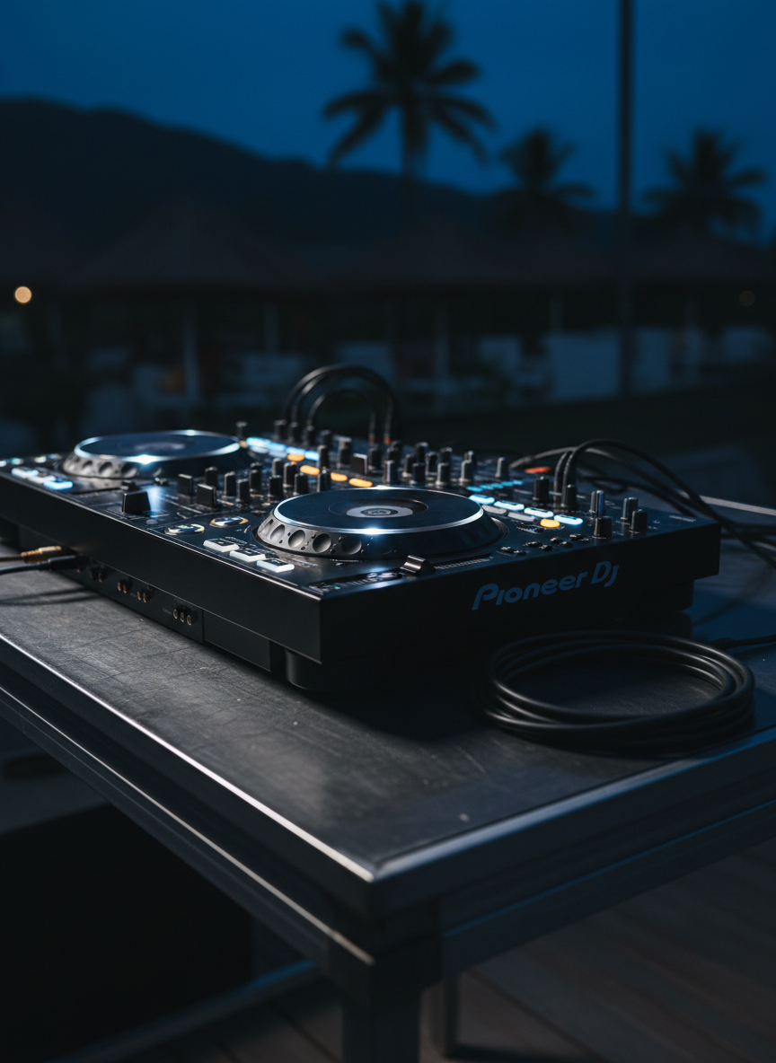 A close-up, cinematic view of a high-end DJ controller and mixer arranged on a dark brushed-metal table, cables meticulously routed. Tiny amber and icy-blue LEDs glow against the matte black surfaces, with glossy jog wheels catching highlights. The background reveals an out-of-focus suggestion of a tropical open-air venue: faint palm silhouettes and distant hill contours under a deep indigo night. Cool, directional accent lighting from the side creates sharp reflections and dramatic shadows across the knobs and faders. Shot at a shallow depth of field from a low, angled perspective, the mood feels intimate, precise, and technologically refined, embodying the premium aesthetic of Sri Lankan electronic music events.
