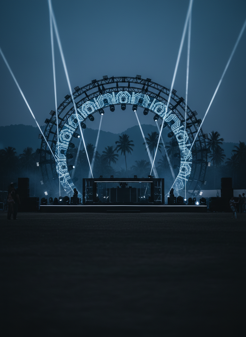 A sweeping open-air electronic music stage in Sri Lanka, viewed at blue hour from a slightly elevated, wide cinematic angle. The main subject is a sleek, minimalist DJ booth built from matte black metal and smoked glass, centered beneath a vast truss halo of LED panels. The stage is set against a silhouette of palm trees and distant misty hills. Cold white beams and subtle deep-blue washes slice through a light haze, forming clean geometric lines into the sky. The surrounding field is dark and uncluttered, fading into soft bokeh. The mood is sophisticated, futuristic, and grand, with photographic realism and crisp contrast emphasizing premium production.