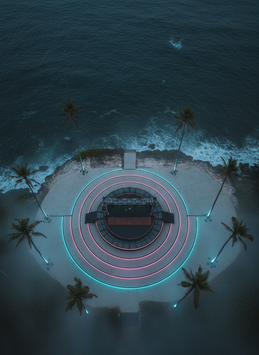 An expansive overhead, bird’s-eye cinematic shot of a coastal Sri Lankan cliffside venue transformed for an upcoming techno event, intentionally empty of people. A circular stage platform made of dark steel and smoked glass sits near the edge, encircled by concentric rings of low LED strips embedded in the ground, glowing in subtle cyan and magenta hues. Surrounding palm trees are lit from below with soft, cool uplights, while the ocean beyond is a deep, textured navy. Thin fog gently hugs the ground, catching light and forming smooth gradients. The composition emphasizes symmetry and negative space, evoking an exclusive, anticipatory mood for future open-air experiences.