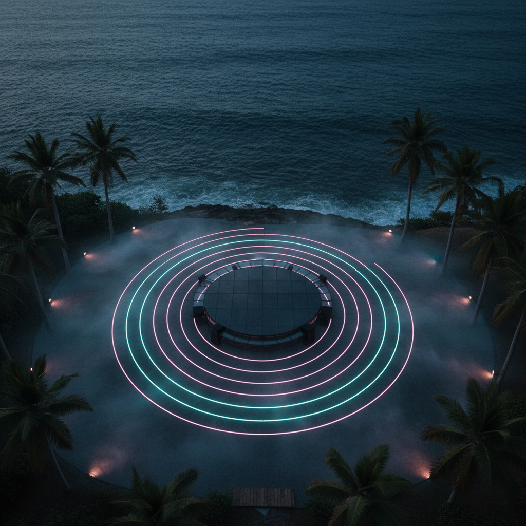An expansive overhead, bird’s-eye cinematic shot of a coastal Sri Lankan cliffside venue transformed for an upcoming techno event, intentionally empty of people. A circular stage platform made of dark steel and smoked glass sits near the edge, encircled by concentric rings of low LED strips embedded in the ground, glowing in subtle cyan and magenta hues. Surrounding palm trees are lit from below with soft, cool uplights, while the ocean beyond is a deep, textured navy. Thin fog gently hugs the ground, catching light and forming smooth gradients. The composition emphasizes symmetry and negative space, evoking an exclusive, anticipatory mood for future open-air experiences.